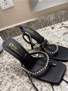 Black Rhinestone Heeled Sandals